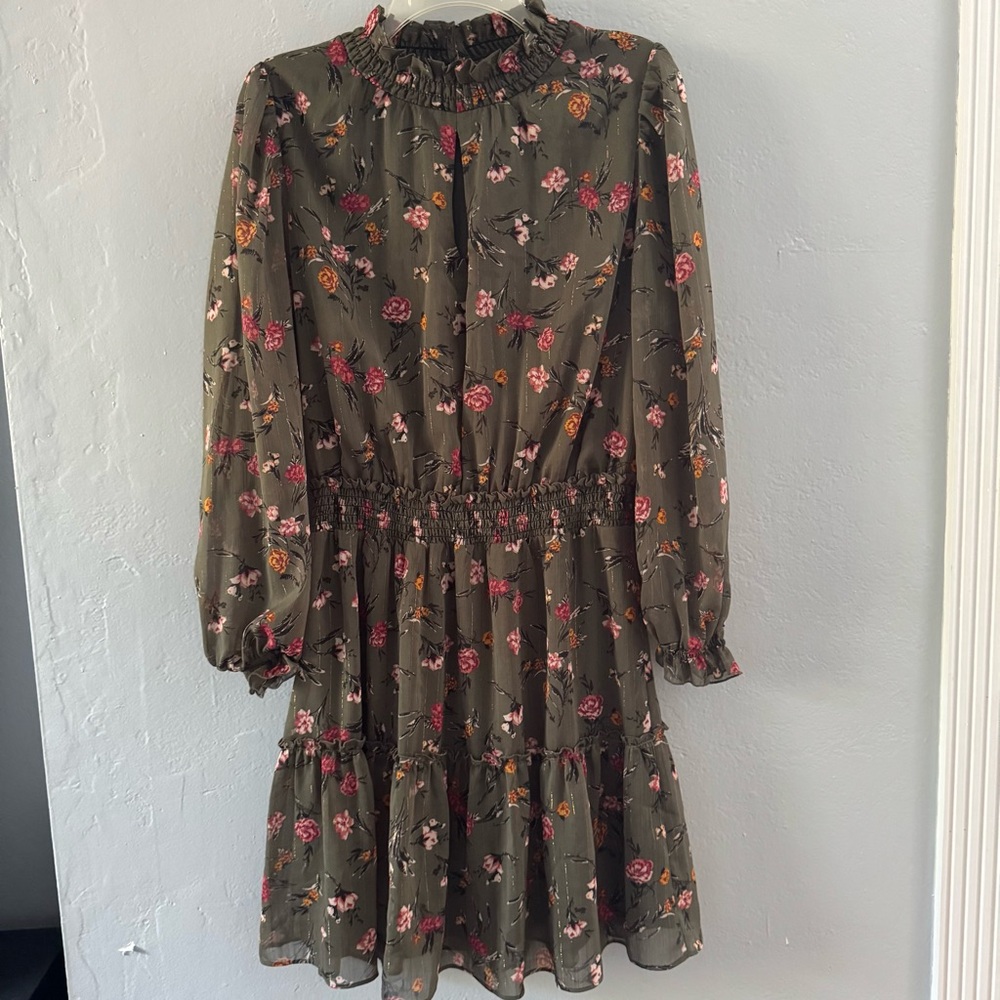 DREW Olive Floral Long Sleeve Dress